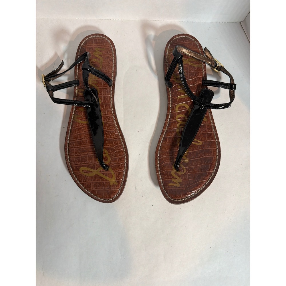Sam Edelman Gigi Black Patent T-Strap Flat Sandal Croc Embossed Footbed Women 7